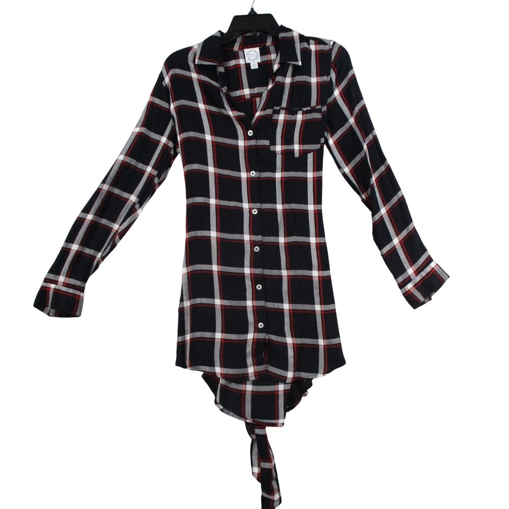 Blue Rain Women Plaid Button Front Tunic Top Black Red White Tie Back DLBR35 XS